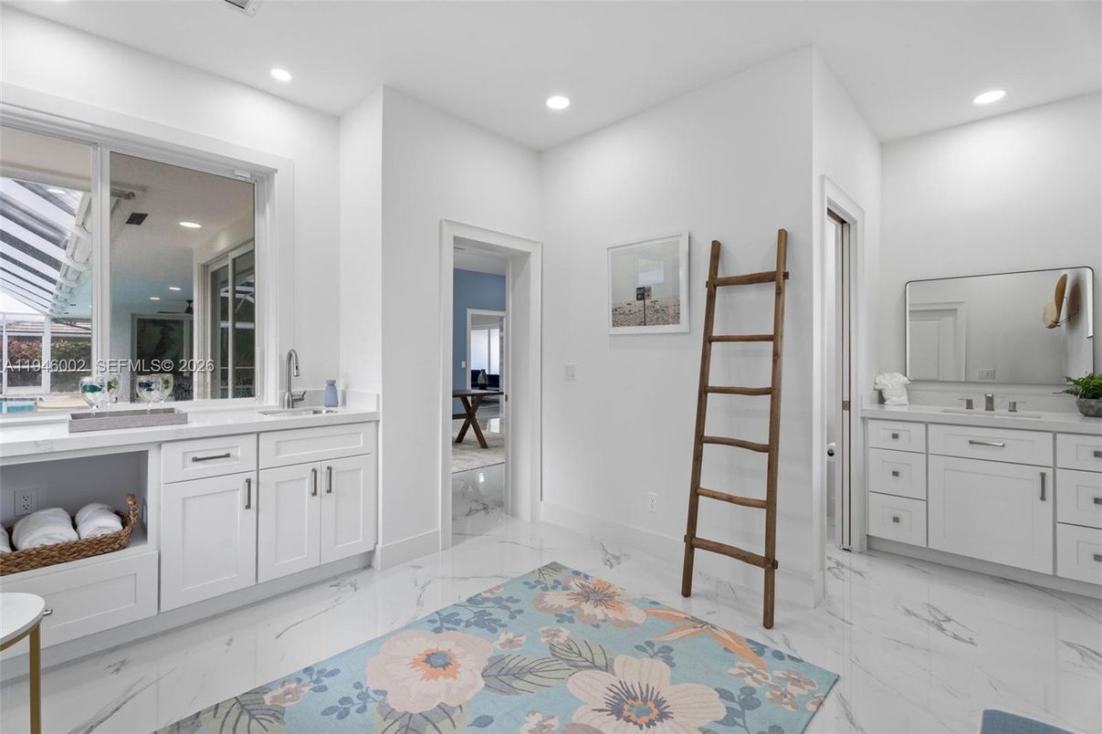 Bathroom, Dual Sink Vanities, Interior, Marble, Recessed Lighting