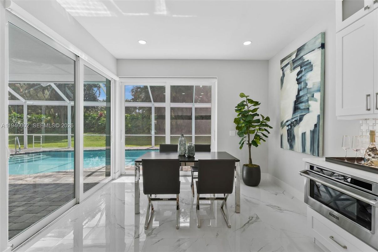 Dining room, Interior, Kitchen, Marble, Recessed Lighting, Stainless Steel Appliances, Sun Room