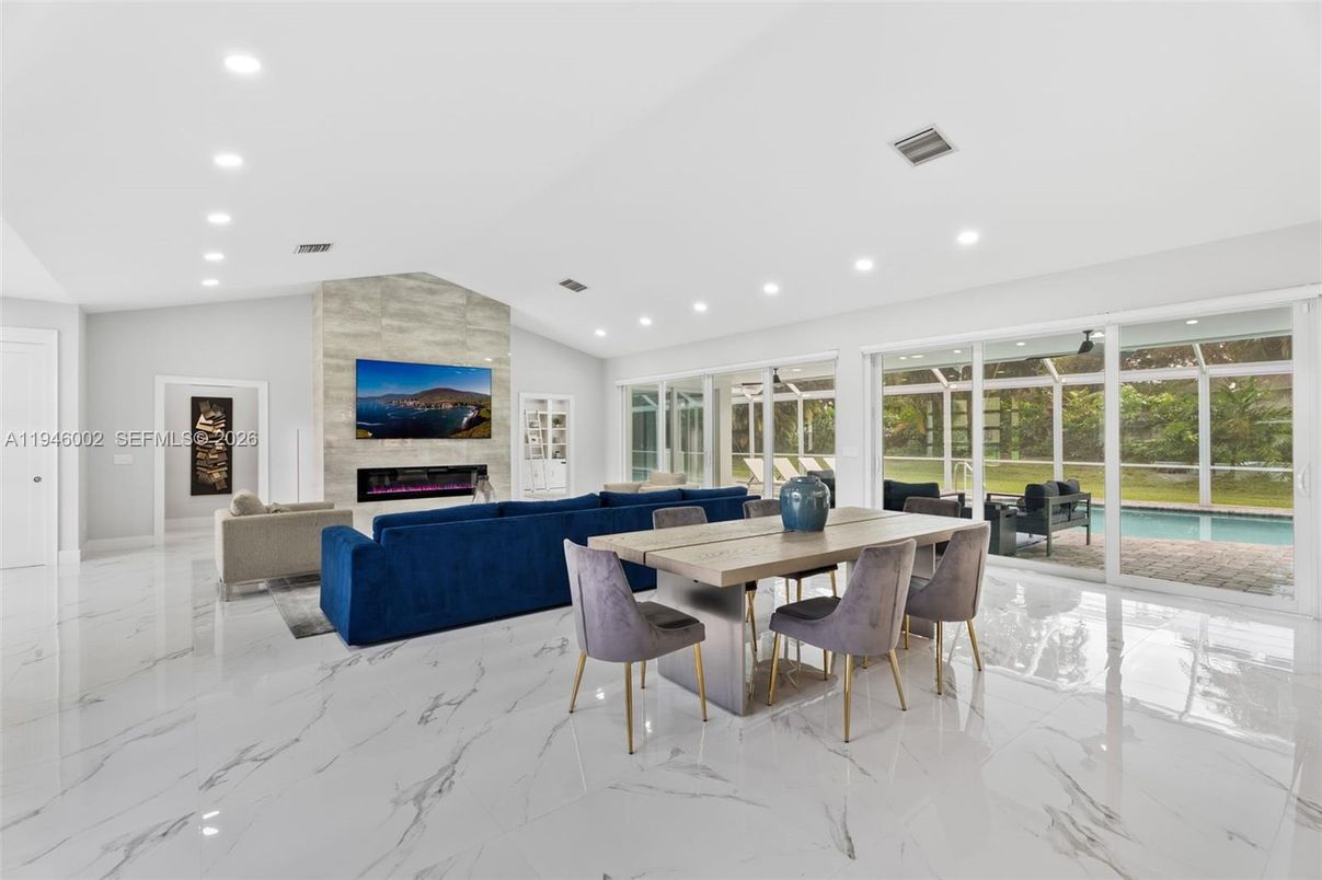 Dining room, Fireplace, Interior, Living room, Marble, Recessed Lighting