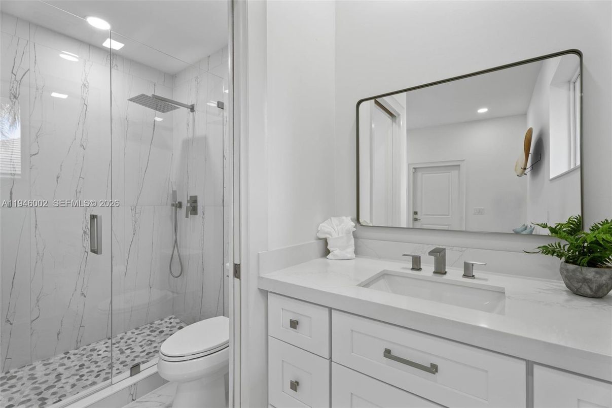 Bathroom, Glass Shower, Interior, Marble, Marble Walls, Recessed Lighting