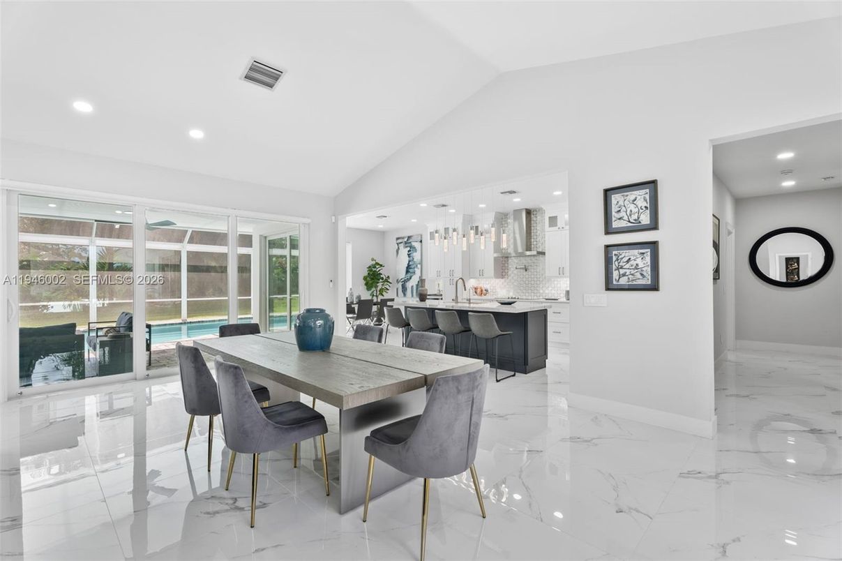 Dining room, Interior, Kitchen, Marble, Pendant Lights, Recessed Lighting