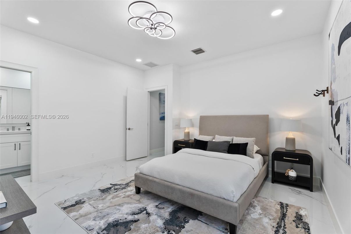 Bedroom, Interior, Marble, Pendant Lights, Recessed Lighting