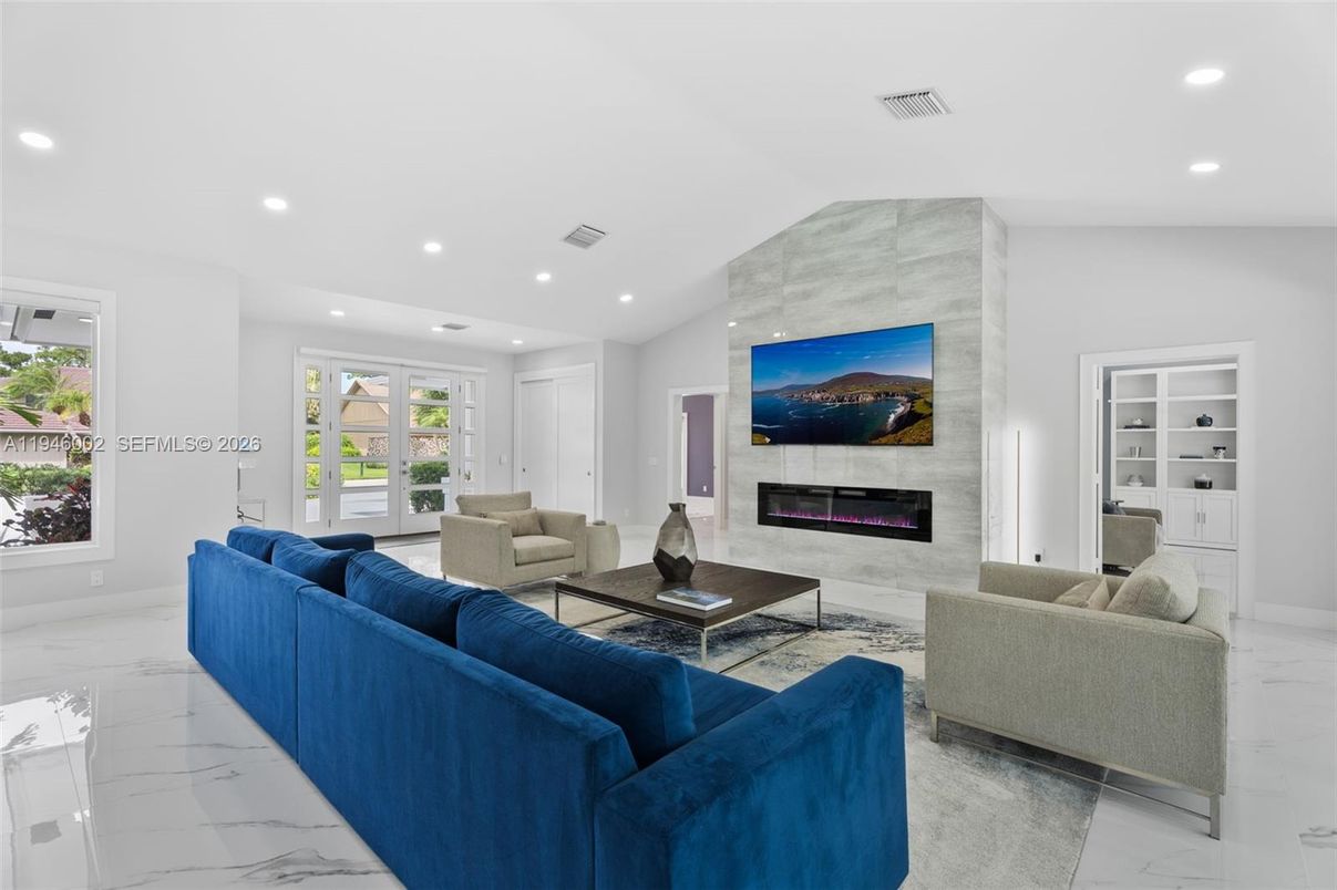 Fireplace, Interior, Living room, Marble, Recessed Lighting