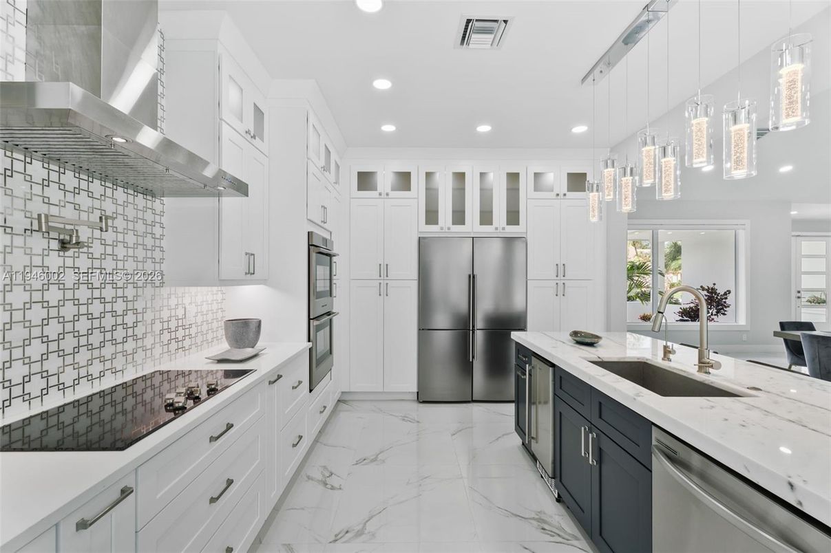 Interior, Kitchen, Marble, Pendant Lights, Recessed Lighting, Stainless Steel Appliances