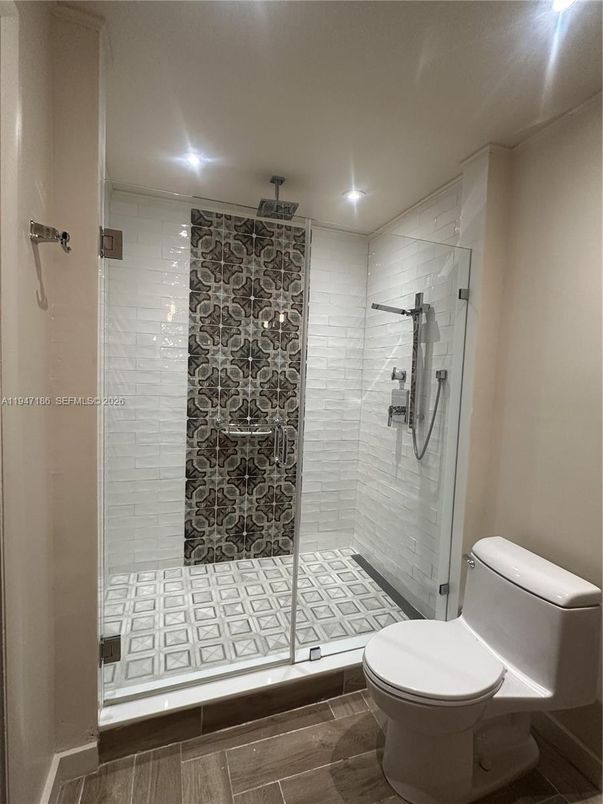 Bathroom, Glass Shower, Interior, Recessed Lighting, Wood Texture Flooring