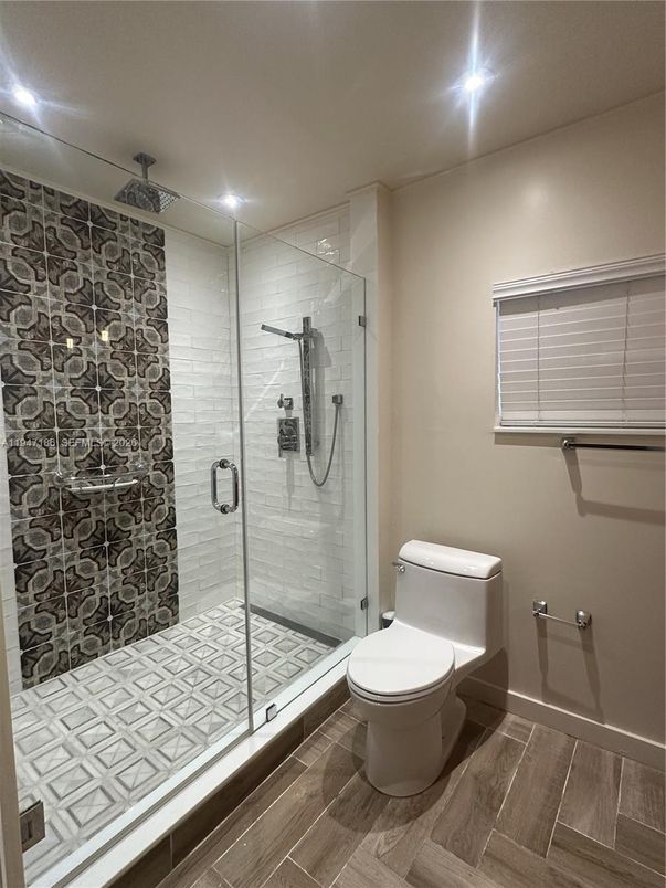 Bathroom, Glass Shower, Interior, Recessed Lighting, Wood Texture Flooring