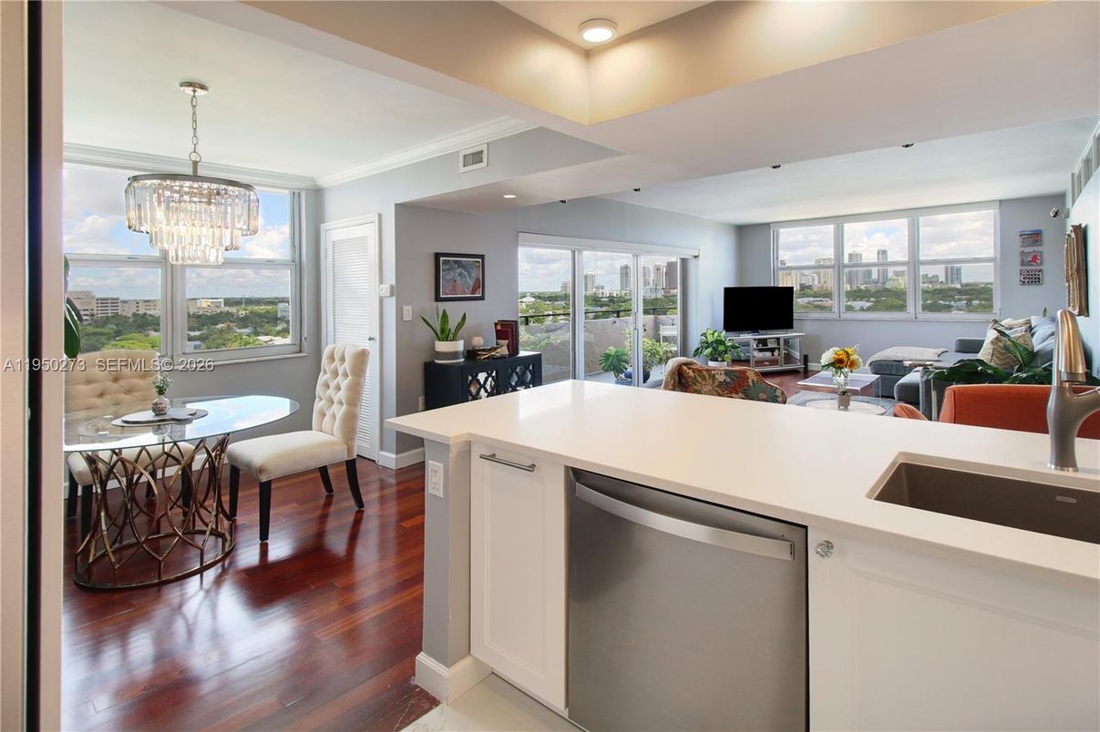 Chandelier, Dining room, Interior, Kitchen, Living room, Recessed Lighting, Stainless Steel Appliances, Wood Texture Flooring