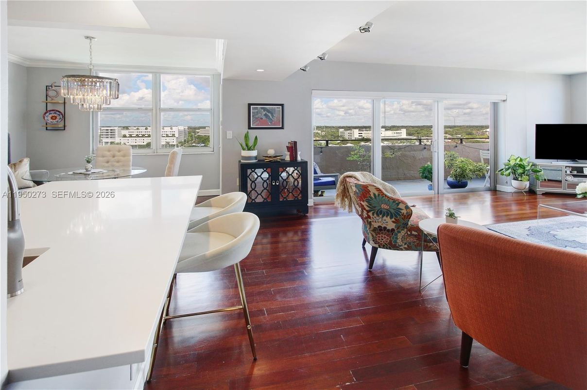 Chandelier, Dining room, Interior, Living room, Recessed Lighting, Water, Wood Texture Flooring