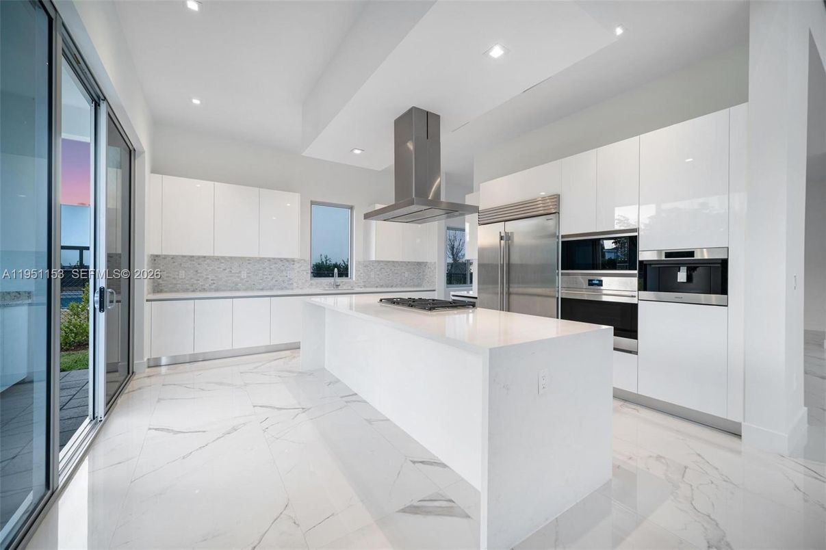 Interior, Kitchen, Marble, Recessed Lighting, Stainless Steel Appliances, Water