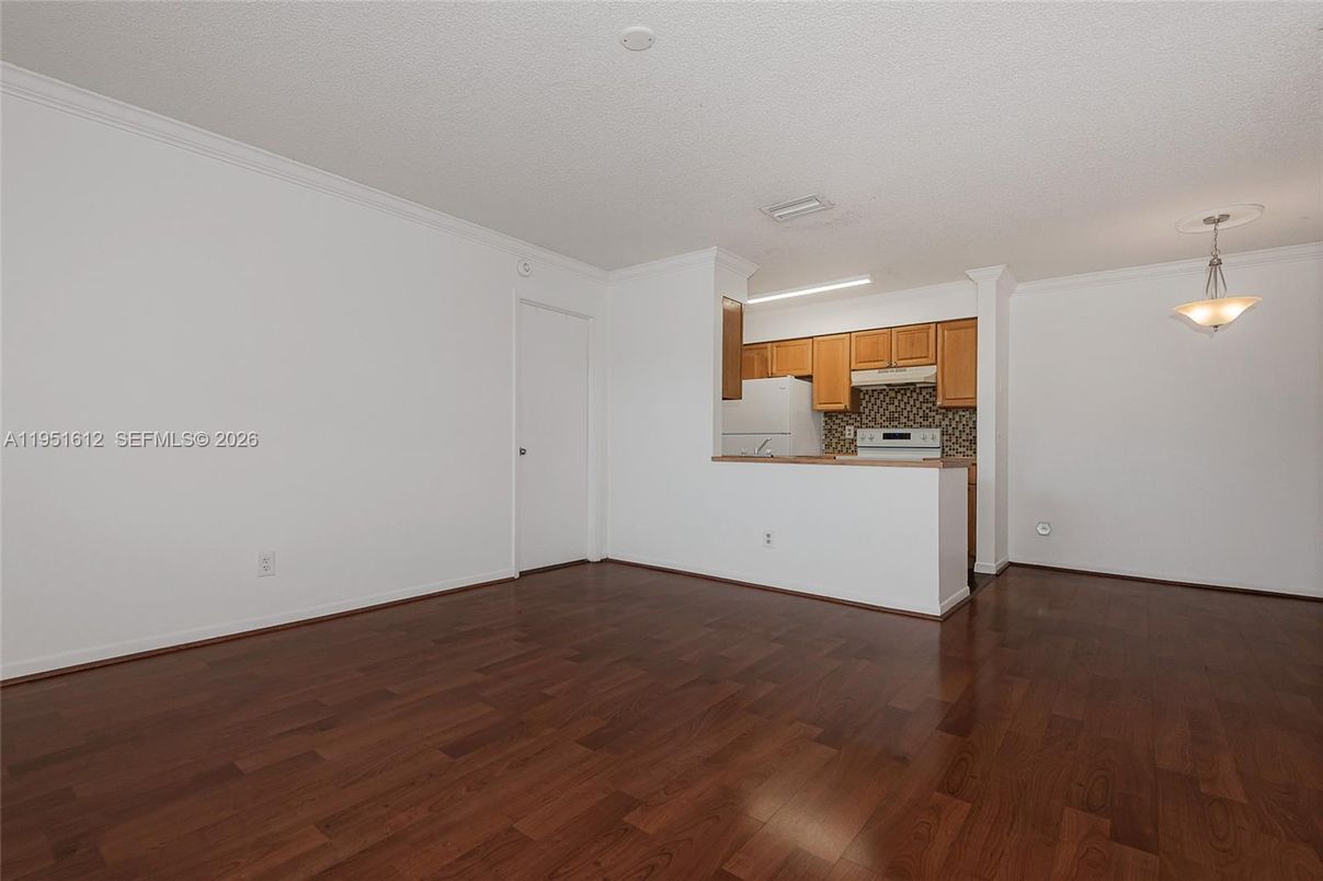 Empty room, Interior, Kitchen, Pendant Lights, Wood Texture Flooring