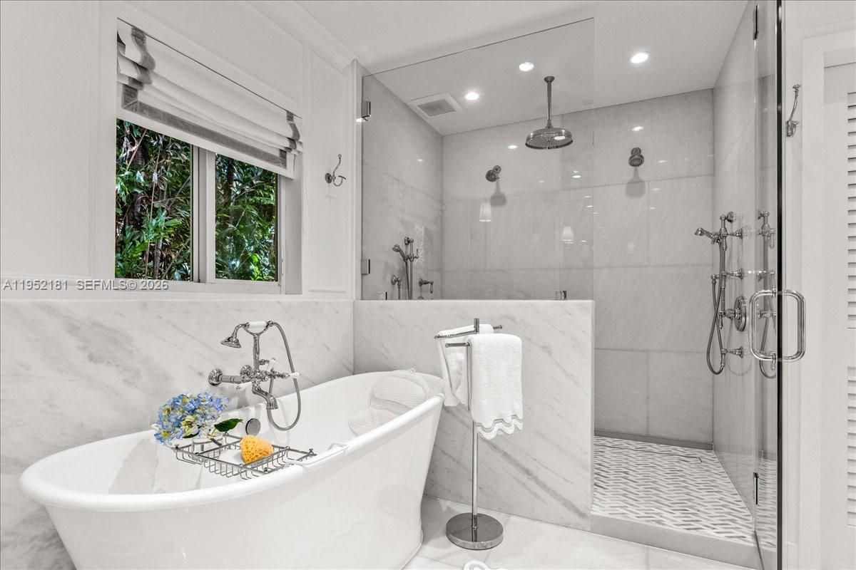 Bathroom, Free Standing Baths, Glass Shower, Interior, Marble Walls, Recessed Lighting