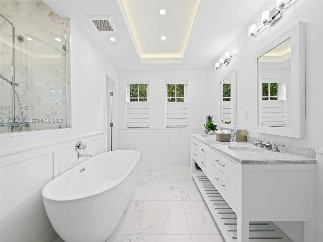 Bathroom, Dual Sink Vanities, Free Standing Baths, Glass Shower, Interior, Marble, Recessed Lighting
