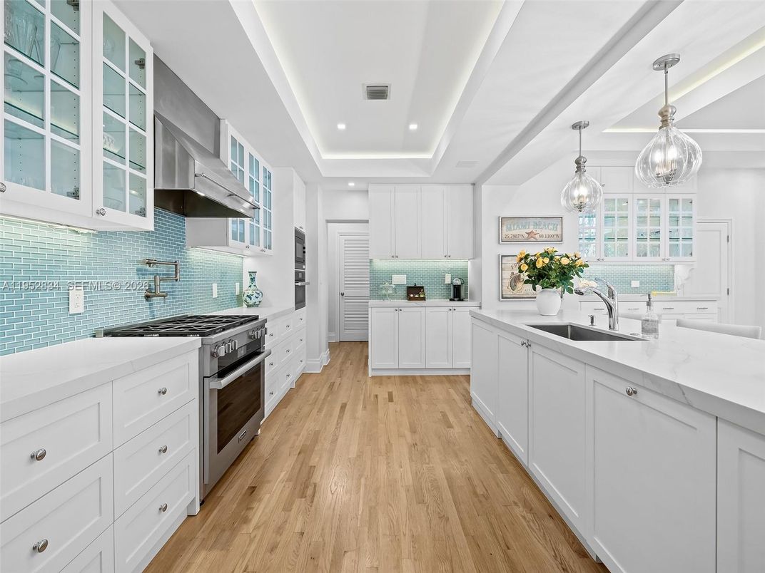 Interior, Kitchen, Pendant Lights, Recessed Lighting, Stainless Steel Appliances, Wood Texture Flooring