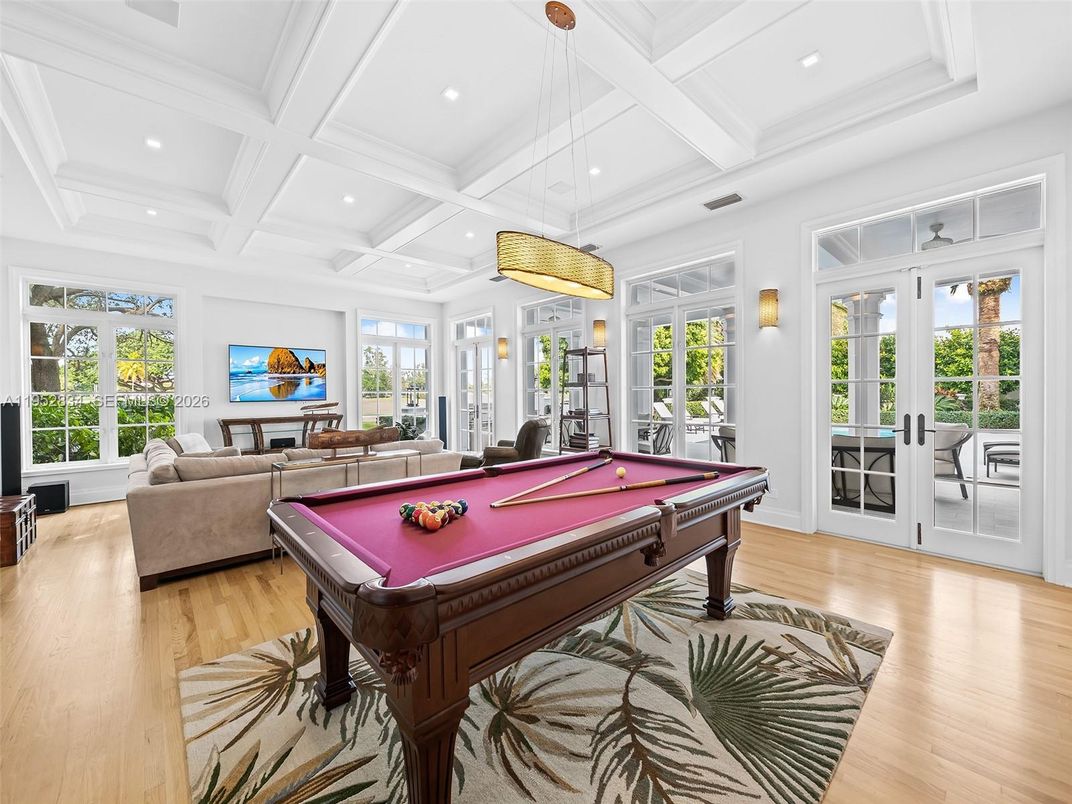 Billiard Table, Game Room, Interior, Living room, Pendant Lights, Recessed Lighting, Wood Texture Flooring