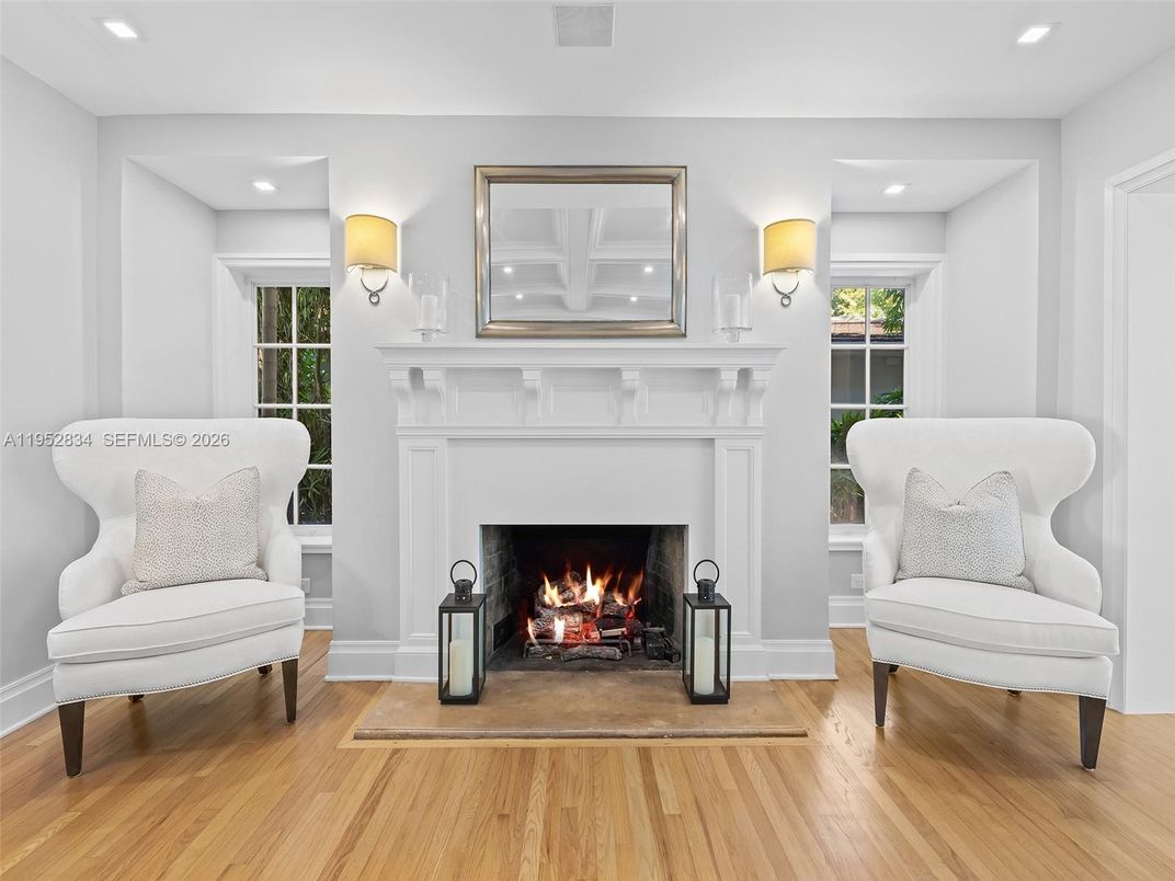 Fireplace, Interior, Recessed Lighting, Wood Texture Flooring