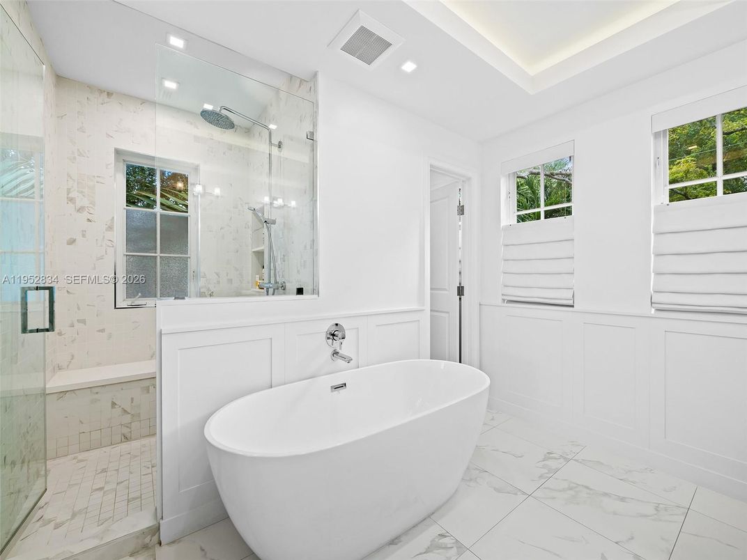 Bathroom, Free Standing Baths, Glass Shower, Interior, Marble, Recessed Lighting