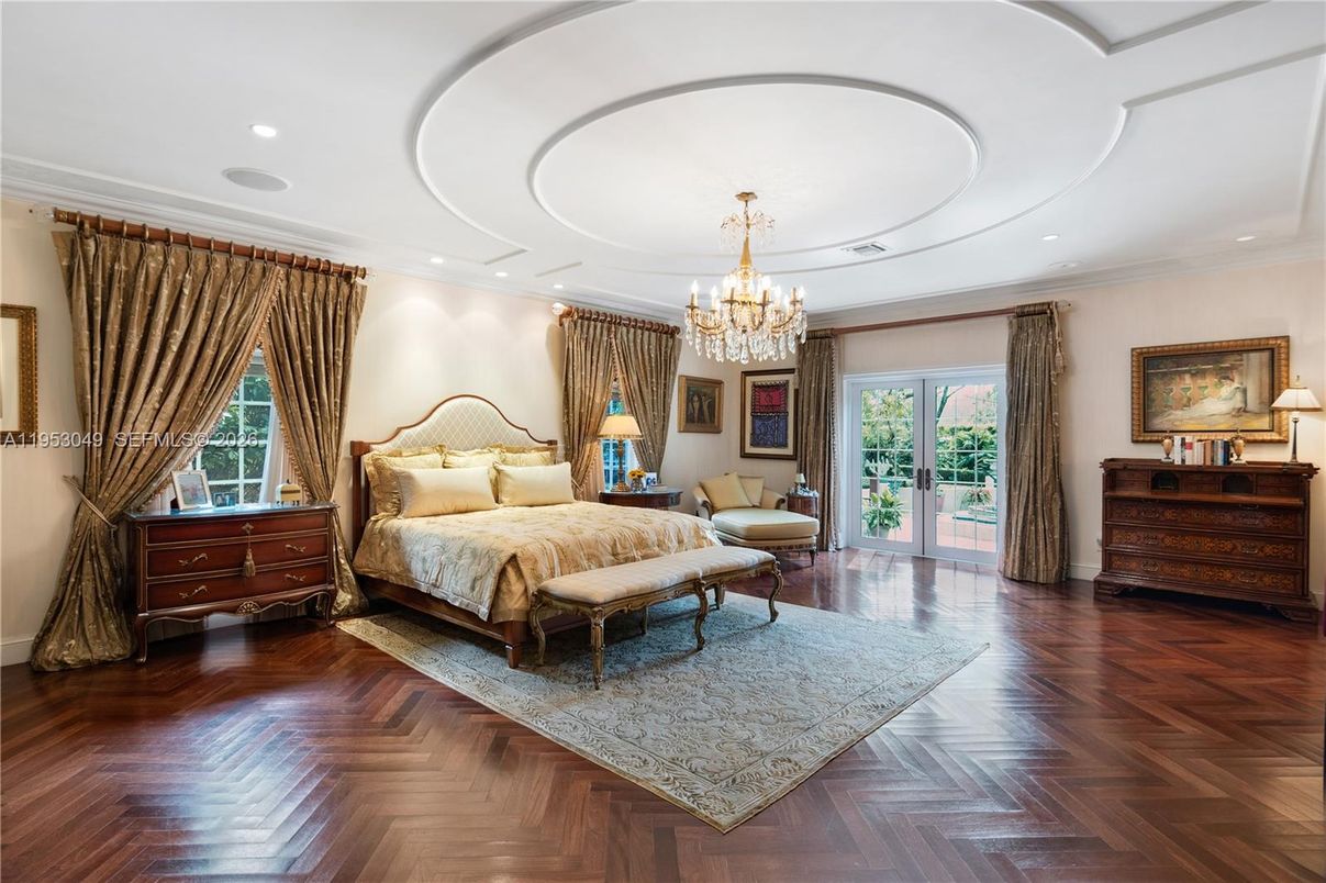 Bedroom, Chandelier, Interior, Recessed Lighting, Wood Texture Flooring