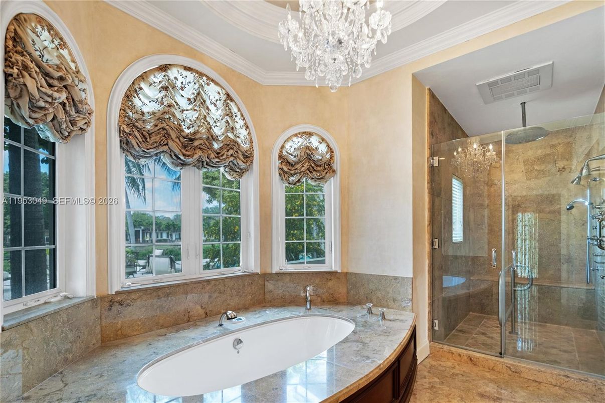 Bathroom, Chandelier, Glass Shower, Interior