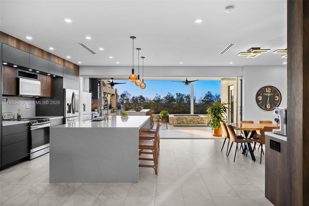 Dining room, Interior, Kitchen, Marble, Pendant Lights, Recessed Lighting, Stainless Steel Appliances