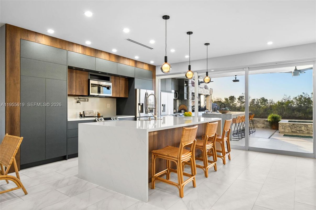 Interior, Kitchen, Marble, Pendant Lights, Recessed Lighting, Stainless Steel Appliances