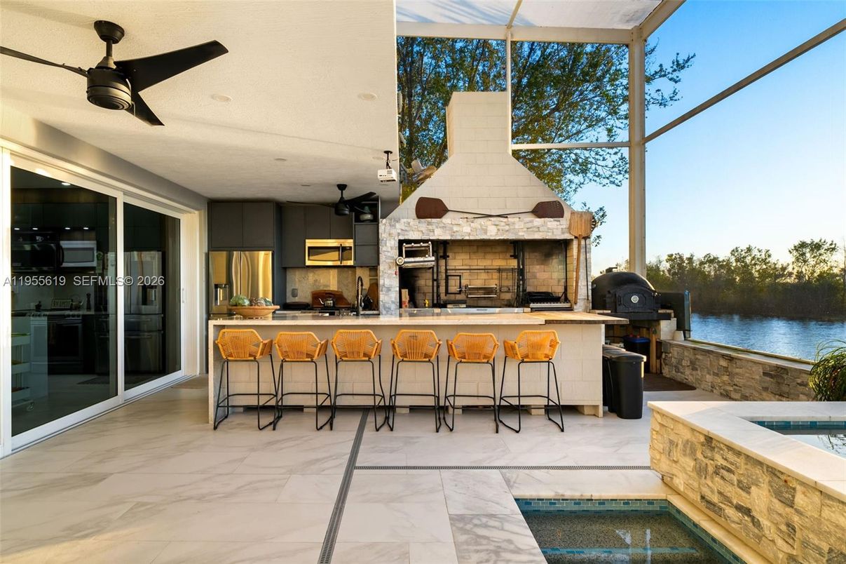 Fireplace, Interior, Kitchen, Marble, Pool, Sun Room, Water