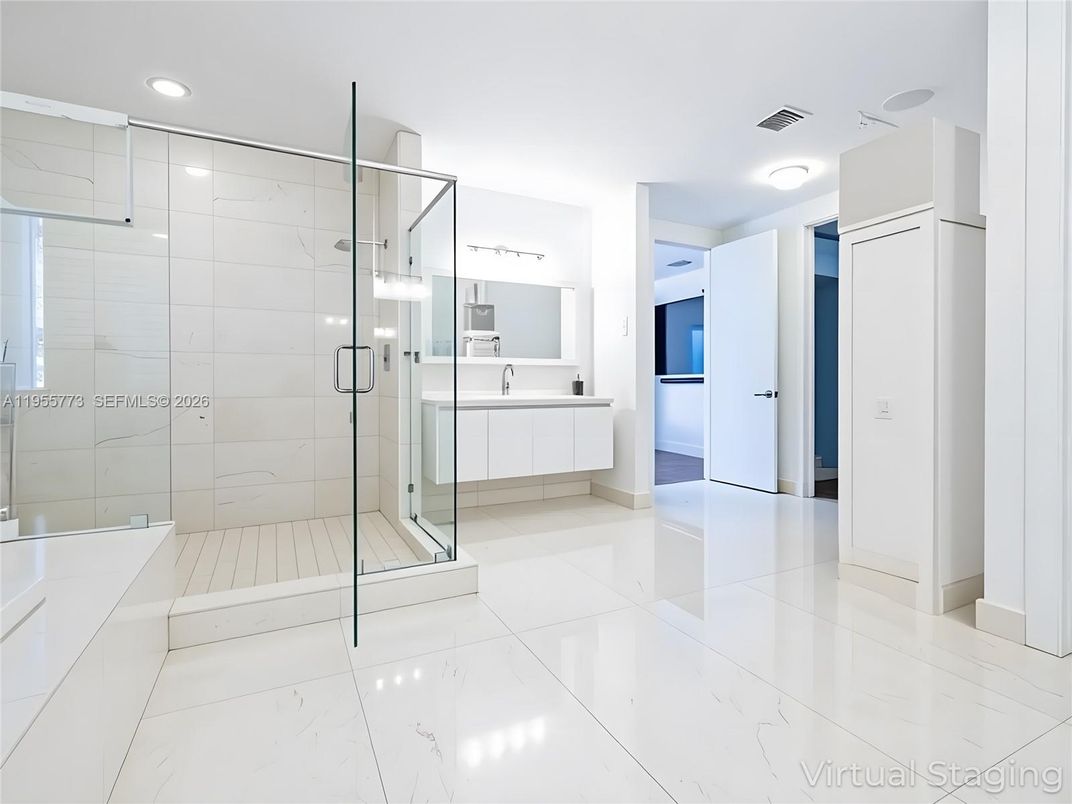 Bathroom, Glass Shower, Interior, Marble, Marble Walls, Recessed Lighting