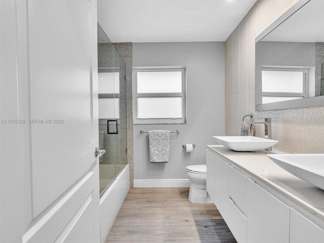 Bathroom, Glass Shower, Interior, Recessed Lighting, Wood Texture Flooring