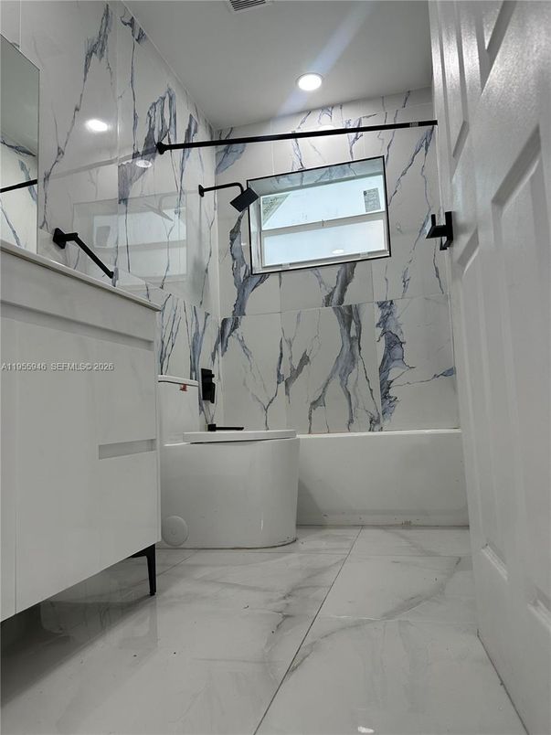 Bathroom, Free Standing Baths, Interior, Marble, Marble Walls, Recessed Lighting