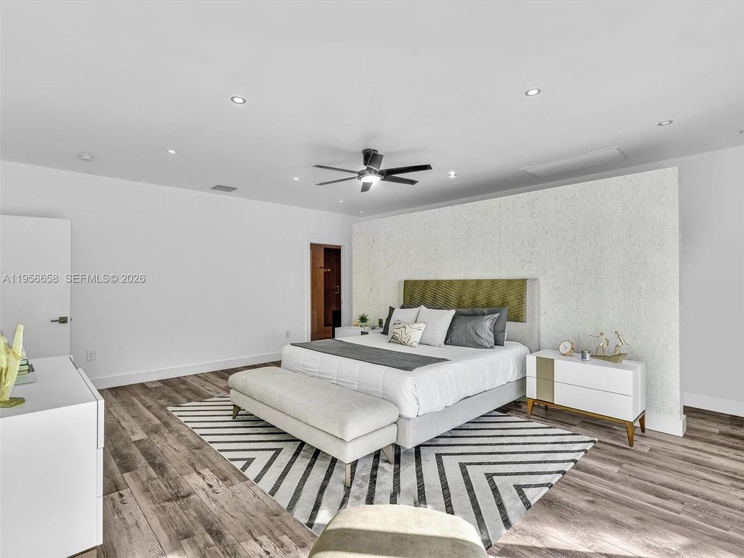 Bedroom, Interior, Recessed Lighting, Wood Texture Flooring