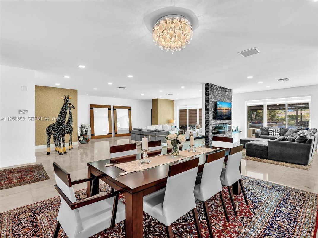 Chandelier, Dining room, Fireplace, Interior, Living room, Recessed Lighting