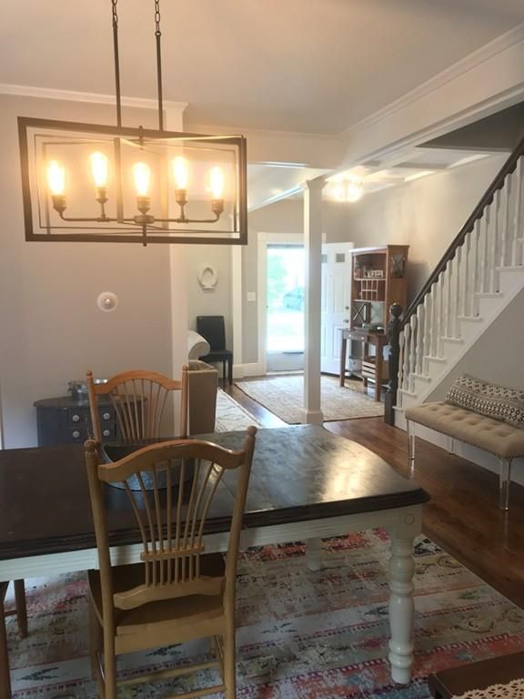 Chandelier, Dining room, Interior, Pendant Lights, Wood Texture Flooring