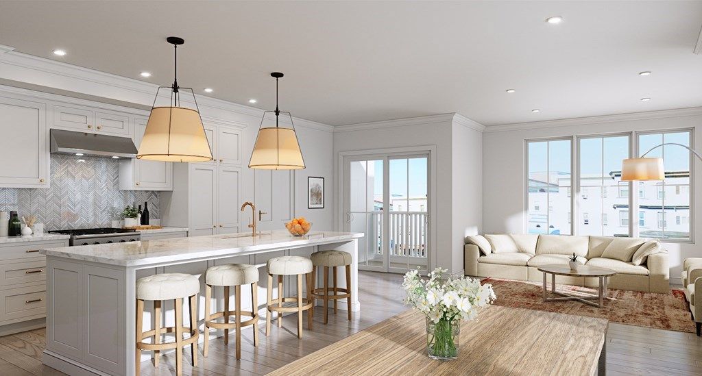 Interior, Kitchen, Living room, Marble Walls, Pendant Lights, Recessed Lighting, Stainless Steel Appliances, Wood Texture Flooring