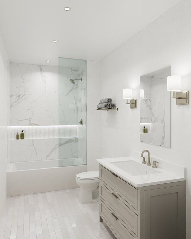Bathroom, Glass Shower, Interior, Marble Walls, Recessed Lighting