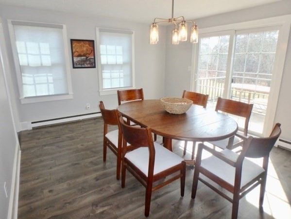 Dining room, Interior, Pendant Lights, Wood Texture Flooring