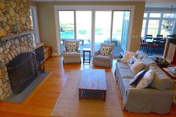 Dining room, Fireplace, Interior, Living room, Pendant Lights, Stone Walls, Wood Texture Flooring