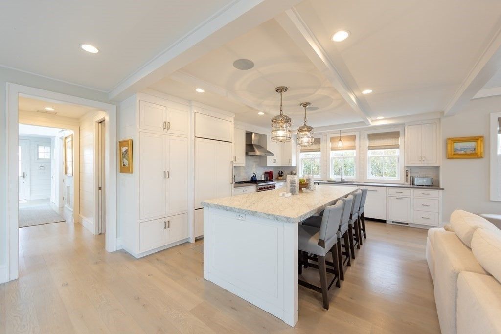 Chandelier, Interior, Kitchen, Pendant Lights, Recessed Lighting, Stainless Steel Appliances, Wood Texture Flooring