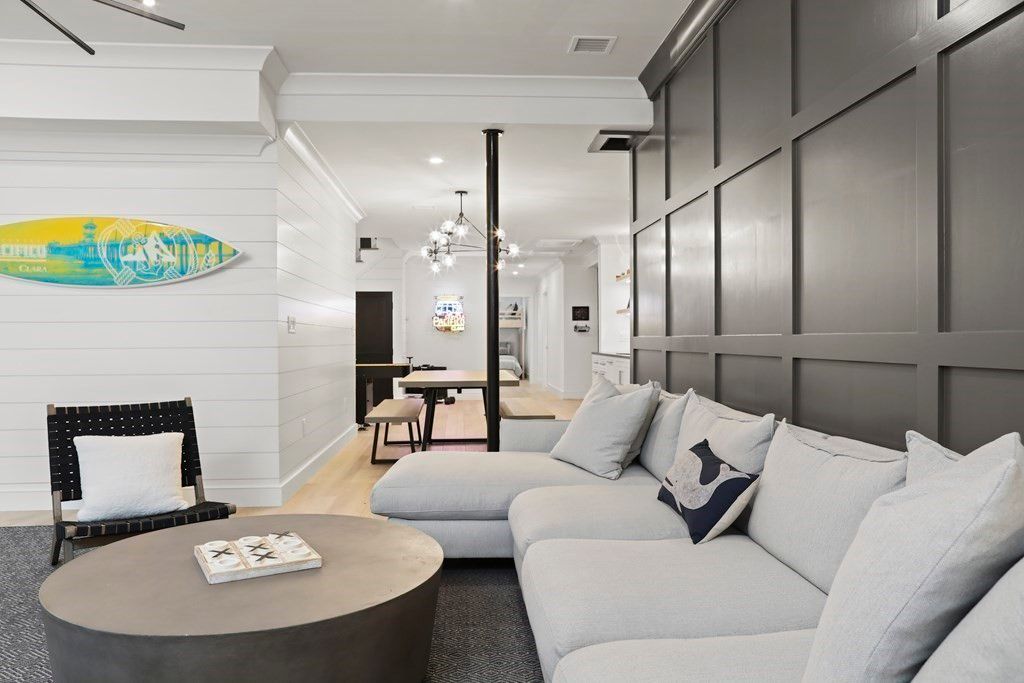 Dining room, Fireplace, Interior, Living room, Pendant Lights, Recessed Lighting, Wood Texture Flooring