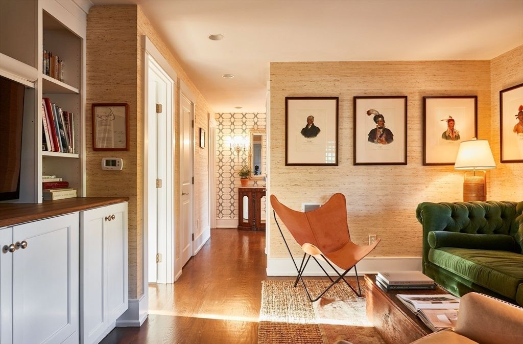 Interior, Living room, Recessed Lighting, Stone Walls, Wood Texture Flooring