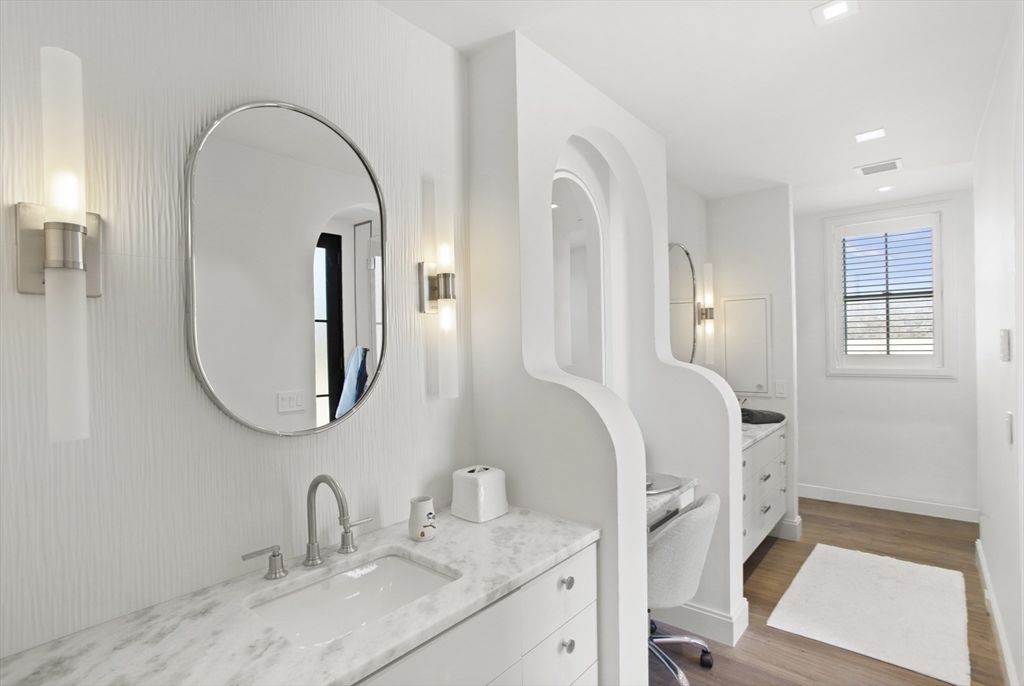 Bathroom, Dual Sink Vanities, Interior, Recessed Lighting, Wood Texture Flooring