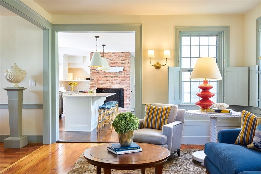 Fireplace, Interior, Kitchen, Pendant Lights, Stone Walls, Wood Texture Flooring