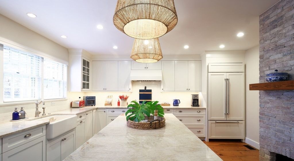 Interior, Kitchen, Pendant Lights, Recessed Lighting, Stainless Steel Appliances, Stone Walls, Wood Texture Flooring