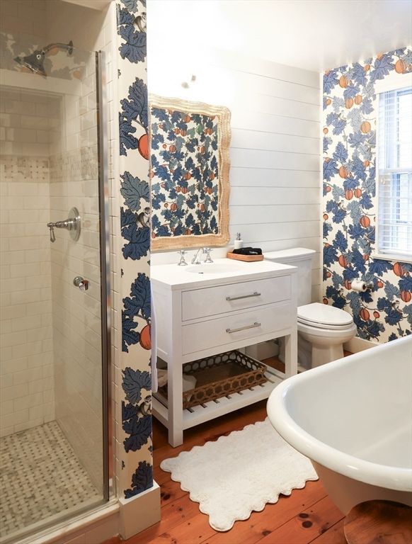 Bathroom, Glass Shower, Interior, Wood Texture Flooring