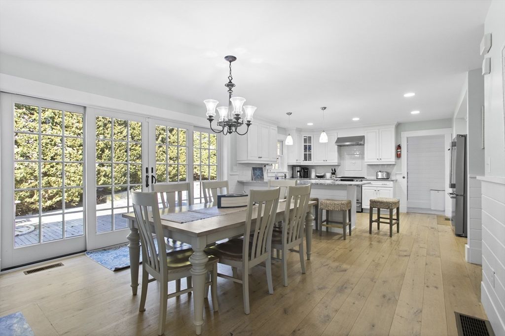 Chandelier, Dining room, Interior, Kitchen, Pendant Lights, Recessed Lighting, Stainless Steel Appliances, Wood Texture Flooring