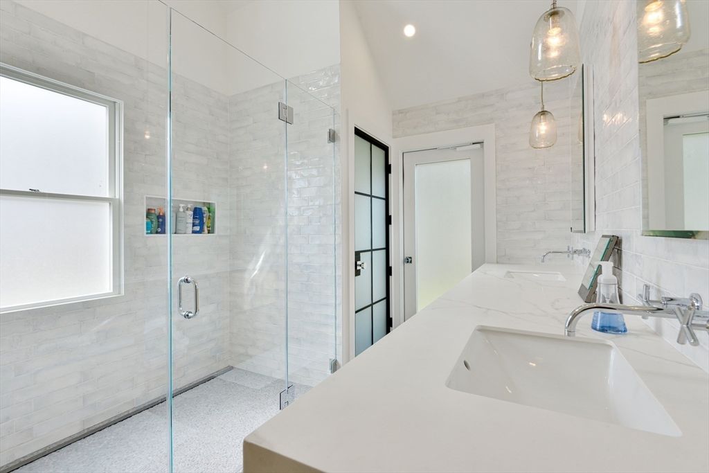 Bathroom, Glass Shower, Interior, Marble Walls, Pendant Lights, Recessed Lighting