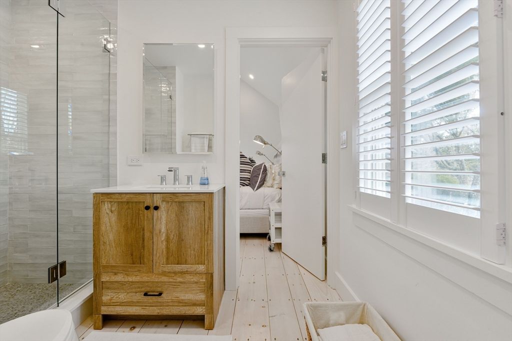 Bathroom, Bedroom, Glass Shower, Interior, Recessed Lighting, Wood Texture Flooring