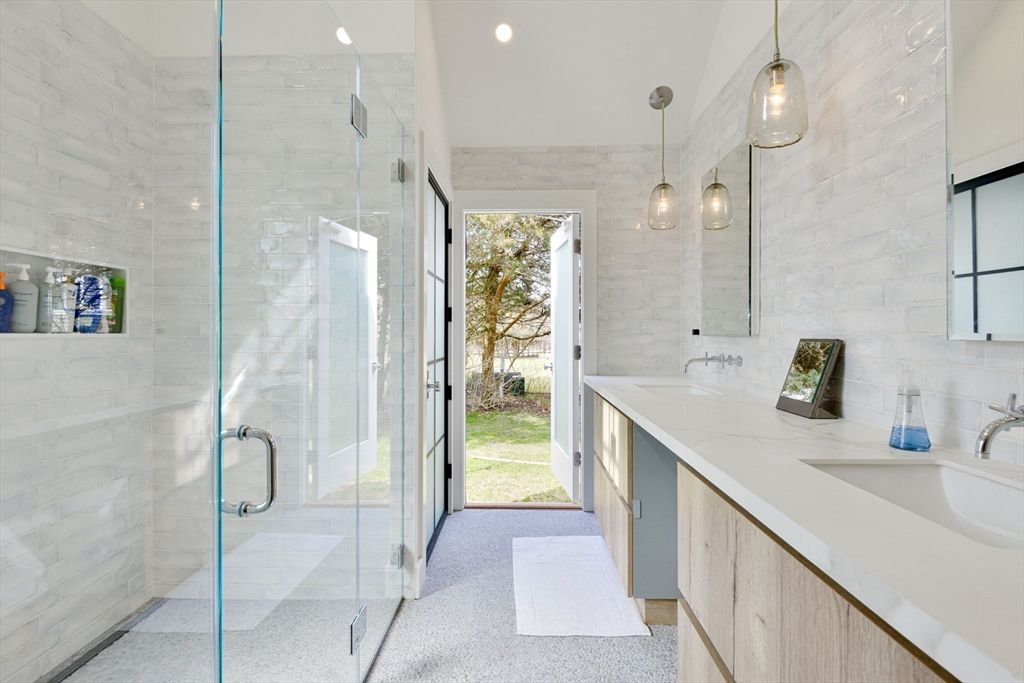 Bathroom, Dual Sink Vanities, Glass Shower, Interior, Pendant Lights, Recessed Lighting