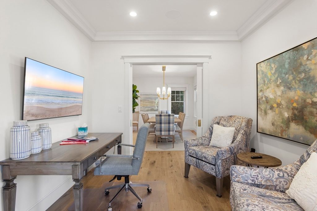 Chandelier, Home Office, Interior, Recessed Lighting, Wood Texture Flooring