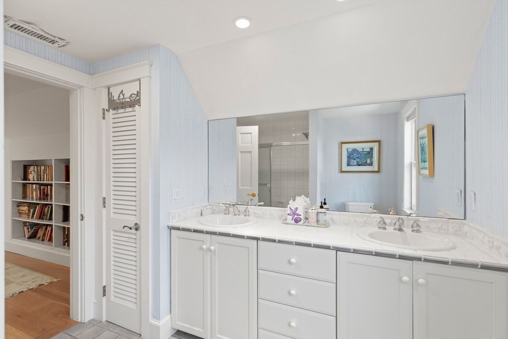 Bathroom, Dual Sink Vanities, Interior, Recessed Lighting, Tile Countertops, Wood Texture Flooring