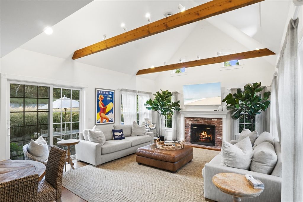 Fireplace, Interior, Living room, Recessed Lighting, Wooden Beams