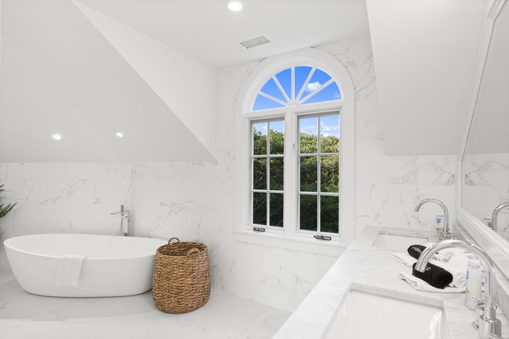 Bathroom, Free Standing Baths, Interior, Marble, Marble Walls, Recessed Lighting
